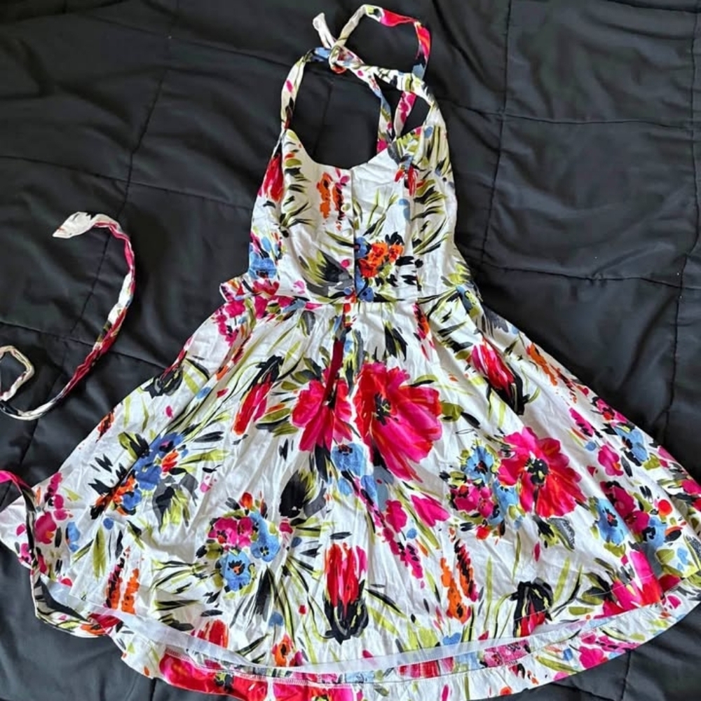 Floral Halter Dress - White with Pink & Blue Flowers